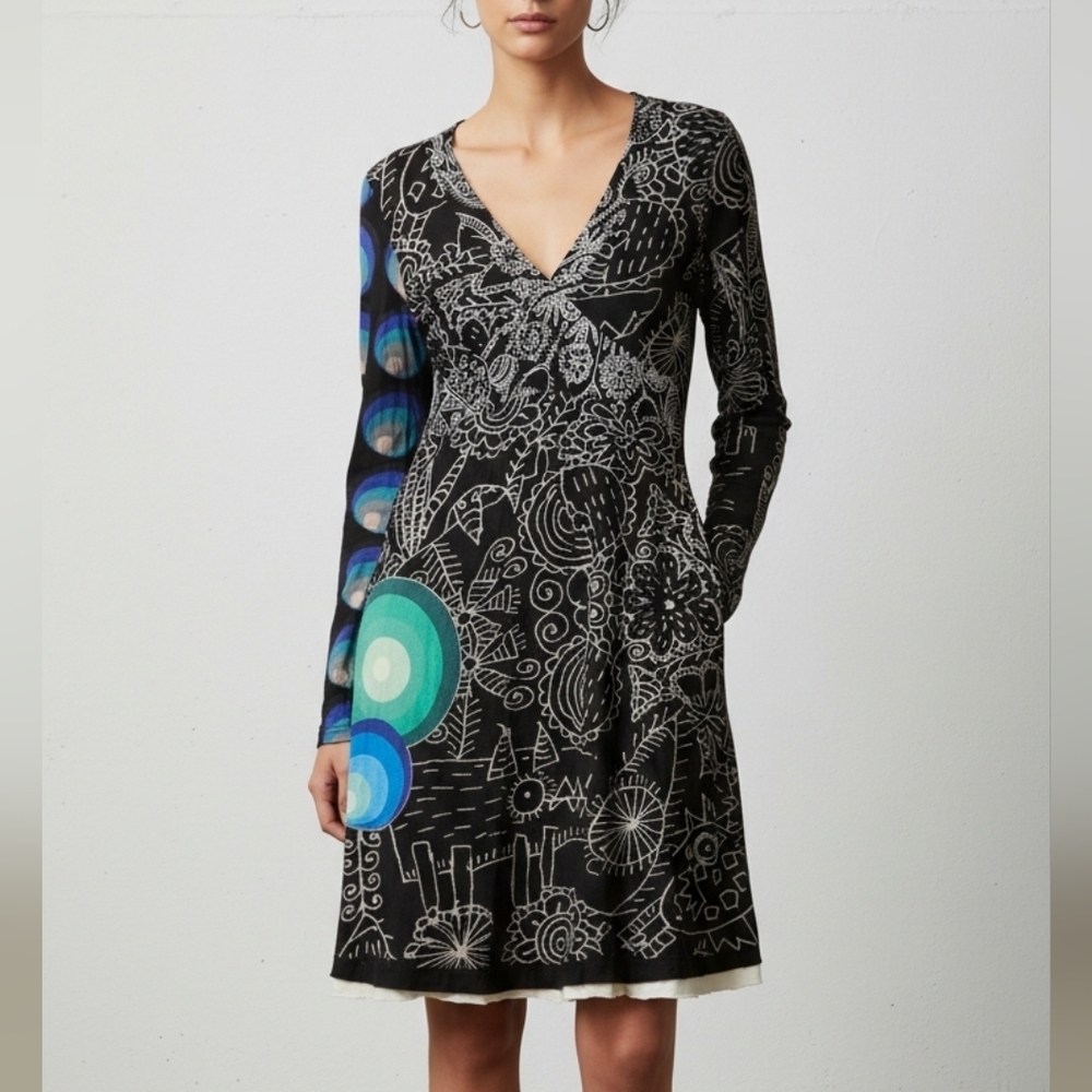Desigual Black Dress Art to Wear Metallic V-Neck Dress | Size M Cotton